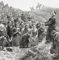 Una reunión de oración de los Covenanters en el siglo XVII, ilustración de 